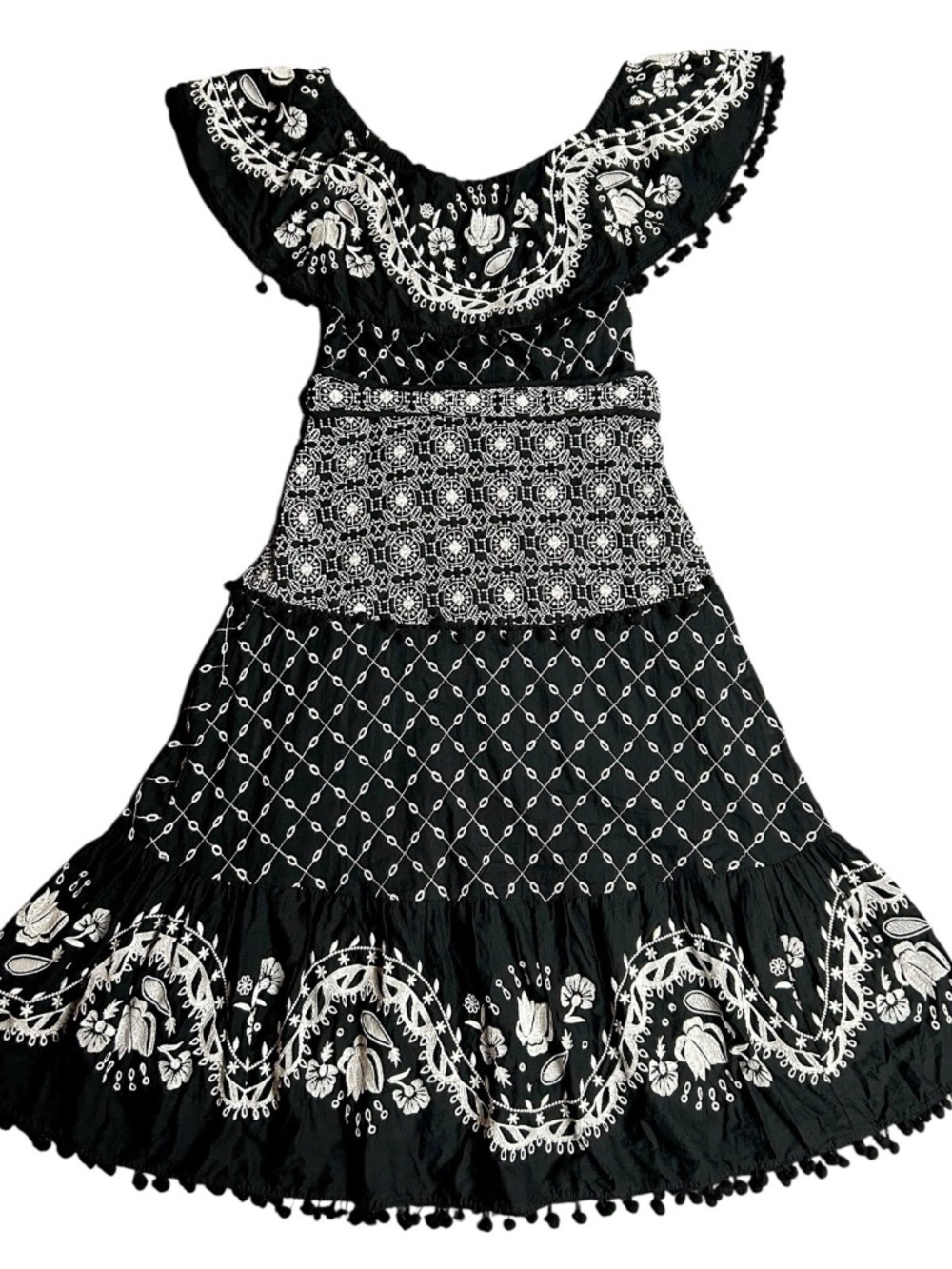 Anthropologie Marisol Off the Shoulder Dress Black White Embroidered Eyelet Sz 2